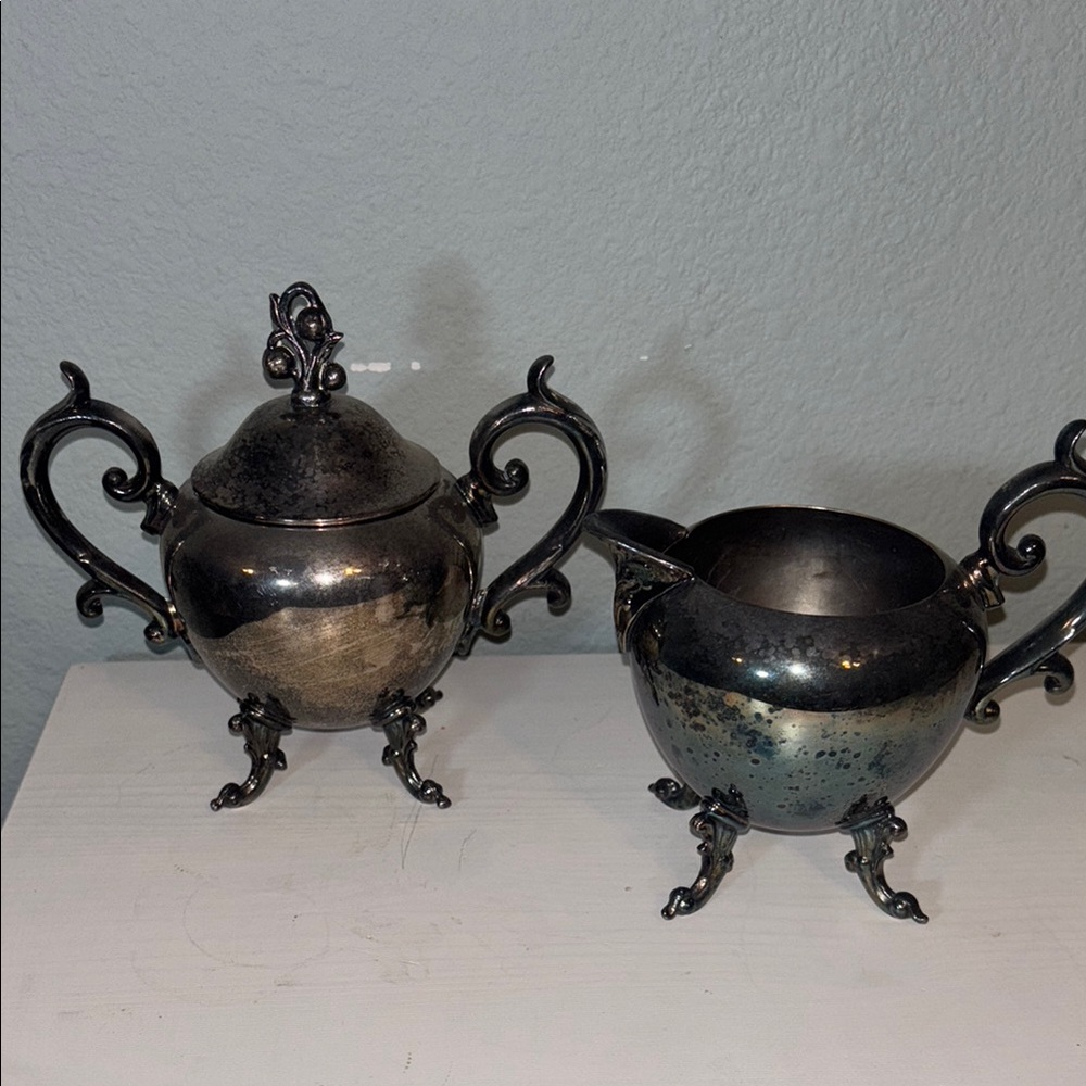 Antique BIRMINGHAM Silver Company BSCo Tea Sugar & Creamer w/Lid Unique!